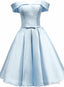 Light Blue Satin Off Shoulder Knee Length Homeoming Dress, Blue Short Prom Dress