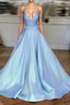 Light Blue Satin V-Neck Cross Back Formal Prom Dresses