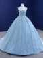 Light Blue Sequins Beading Straps Backless Prom Dress