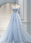 Light Blue Sweetheart Tulle with Lace Long Wedding Party Dress, Blue Prom Dress