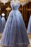 Light Blue Tulle Beaded Long Formal Dresses, Light Blue Shiny Tulle Formal Dresses Formal Prom Dresses