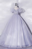 Light Blue Tulle Sequins Prom Dress, Scoop Neck Short Sleeve Puffy Floor-Length Evening Dress