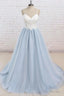Light Blue Tulle Simple Spaghetti Straps Sweep Train Backless Prom Dress