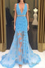 Light Blue V Neck Mermaid Lace Applique Long Formal Prom Dresses, Lace Blue Formal Dresses, Evening Dresses