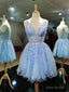 Light Blue V-neckline Knee Length Short Party Dress, Blue Homecoming Dresses