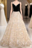 Light Champagne Beaded V-Neckline Party Dresses, Cute Straps Long Formal Prom Dresses