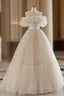 Light Champagne Tulle Lace Floor Length Formal Prom Dresses, Beautiful A-Line Evening Party Dresses