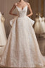 Light Champagne V-Neck Lace Long Formal Prom Dresses, A-Line Spaghetti Straps Backless Party Dresses With Bow