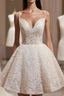 Light Champagne V-Neck Lace Short Formal Prom Dresses, A-Line Spaghetti Straps Backless Party Dresses With Bow