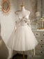 Light Champagne V neck Tulle Short Prom Dress, Tulle Puffy Homecoming Dress
