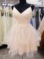 Light Champagne V-neckline Straps Homecoming Dress, Tulle Short prom Dress Graduation Dress
