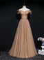 Light Coffee Tulle Sequins Off the Shoulder Beading Prom Dress