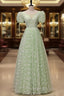 Light Green Floral V-Neckline Short Sleeves Party Dresses, A-Line Green Formal Dresses