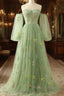 Light Green Tulle Floral Sleeves Long Party Dresses, A-Line Light Green Formal Prom Dresses