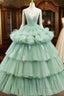 Light Green Tulle Layers Low Back Formal Prom Dresses Sweet 16 Dresses Quinceanera Dresses