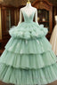 Light Green Tulle Layers Low Back Formal Prom Dresses Sweet 16 Dresses Quinceanera Dresses