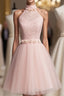 Light Pink Halter Tulle And Lace Lovely Knee Length Formal Dresses, Cute Party Dresses, Pink Formal Prom Dresses