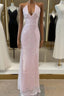 Light Pink V Neck Sheath Sequined Formal Prom Dresses Birthday Dresses