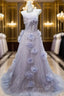Light Purple A-Line Off-The-Shoulder Tulle Sequin Long Formal Prom Dresses, Sweet Appliqu Beaded Formal Dresses