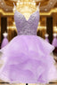 Light Purple Tulle Beaded Short Homecoming Dresses, Light Purple Short Formal Prom Dresses