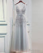 Light Sliver Grey Lace Applique V-neckline Long Party Dress, Light Grey Wedding Party Dress
