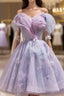 Lightpurple Tulle Off Shoulder Short Formal Prom Dresses, Cute A-Line Off Shoulder Homecoming Dresses