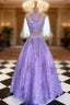 Lilac Ball Gown Scoop Neck Sleeveless Long/Floor-Length Tulle Formal Prom Dresses With Appliqued Beading