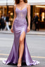 Lilac Floral Unique Mermaid Corset Long Formal Prom Dresses with Slit