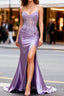 Lilac Floral Unique Mermaid Corset Long Formal Prom Dresses with Slit