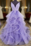 Lilac Tull Lace Applique Ball Gown Straps Long Formal Prom Dresses Elegant Formal Dresses