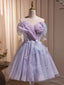 Purple Tulle Knee Length Birthday Party Formal Dress, Off the Shoulder Purple Prom Dress