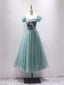 Green Velvet Tulle Tea Length Prom Dress, Cute A-Line Party Dress with Lace