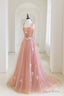 Pink Tulle Applique Long Evening Dress, A-Line Junior Prom Dress