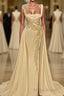 Long A-Line Square Neckline Satin Ivory Formal Prom Dresses With Slit