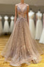 Long A-line V-neck Lace Tulle Formal Prom Formal Graduation Evening Dresses