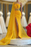 Long Mermaid One Shoulder Beading Tulle Formal Prom Dress with Slit