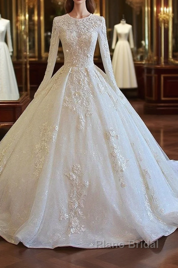Long Sleeved Ball Gown Satin Wedding Dresses With Lace Flowers – Plano ...