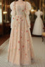 Long Sleeves Champagne Lace Floral Long Formal Prom Dresses, Long Sleeves Champagne Lace Floral Formal Evening Dresses