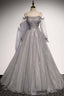 Grey Shiny Elegant Long Sleeves Long Tulle Formal Prom Dresses Formal Dresses Formal Evening Gown Graduation Dresses