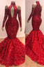 Long Sleeves Modest Halter Mermaid Prom Dress Sequins Long Red