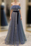 Lovely Blue A-Line Shiny Tulle Sweetheart Party Dresses, Blue Long Formal Dresses Formal Prom Dresses