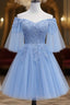 Lovely Light Blue With Lace Off Shoulder Short Formal Prom Dresses, Blue Homecoming Dresses