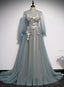 Lovely Long Sleeves Tulle Prom Dress with Flowers, Unique Long Prom Dress with Lace Applique