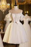 Lovely Spaghetti Strap Tulle Short Formal Prom Dresses, Light Champagne A-Line Formal Party Dresses