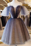 Lovely Tulle Offshoulder Short Formal Prom Dresses, Lace Up Homecoming Dresses