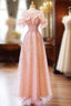 Luxurious A Line Off The Shoulder Pink Tulle Long Formal Prom Dresses