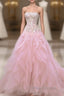 Luxurious Ball Gown Strapless Pink Tulle Long Formal Prom Dresses