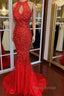 Luxurious Crystal Beaded Halter Mermaid Evening Dresses Leg Split Formal Prom Gowns