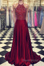 Luxurious Crystal Halter Formal Prom Dresses Long Satin Leg Split Evening Gowns