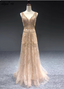 Luxurious Nude Pink A-Line V-Neck Beaded Embroidered Tulle Long Formal Prom Dresses